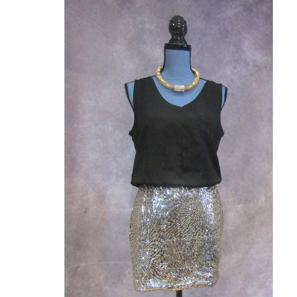 NEW As U Wish Black w/ Silver & Gold Sequin Dress